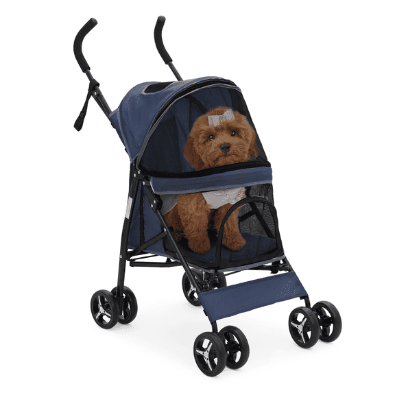 BEZT 4-Wheel Easy-Fold Pet Jogger w/ Sun Cover/Pad & Rear Storage, Breathable Mesh, 22 lbs cap., Navy Blue