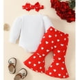 thumbnail image 4 of Valentine's Day Girls Outfits Long Sleeve Ribbed Bodysuit Heart Print Flared Pants Headband Casual Kids 3 Piece Set White 6-12 M, 4 of 8
