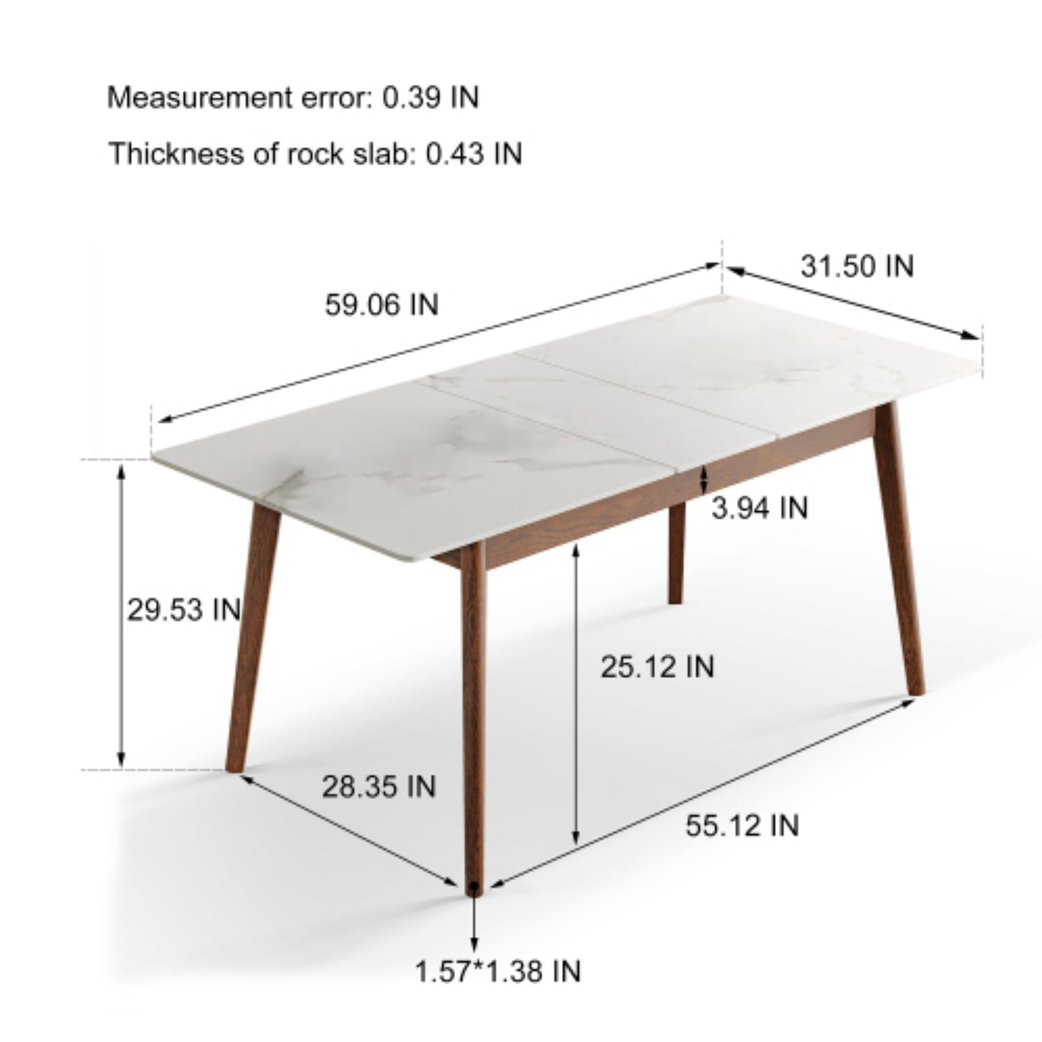 Extendable Solid Oak Dining Table, 47.2"-59.1" Modern Farmhouse Wood Kitchen Table with White Sintered Stone Top, Seats 6-8, Walnut