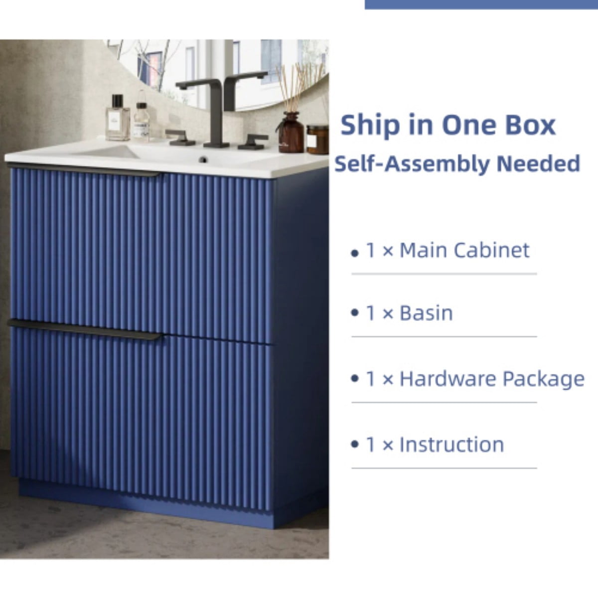 30" Bathroom Vanity with Ceramic Sink, Freestanding Bathroom Cabinet with Full Extension Drawers, Soft Close Slides, Fluted Design, Blue