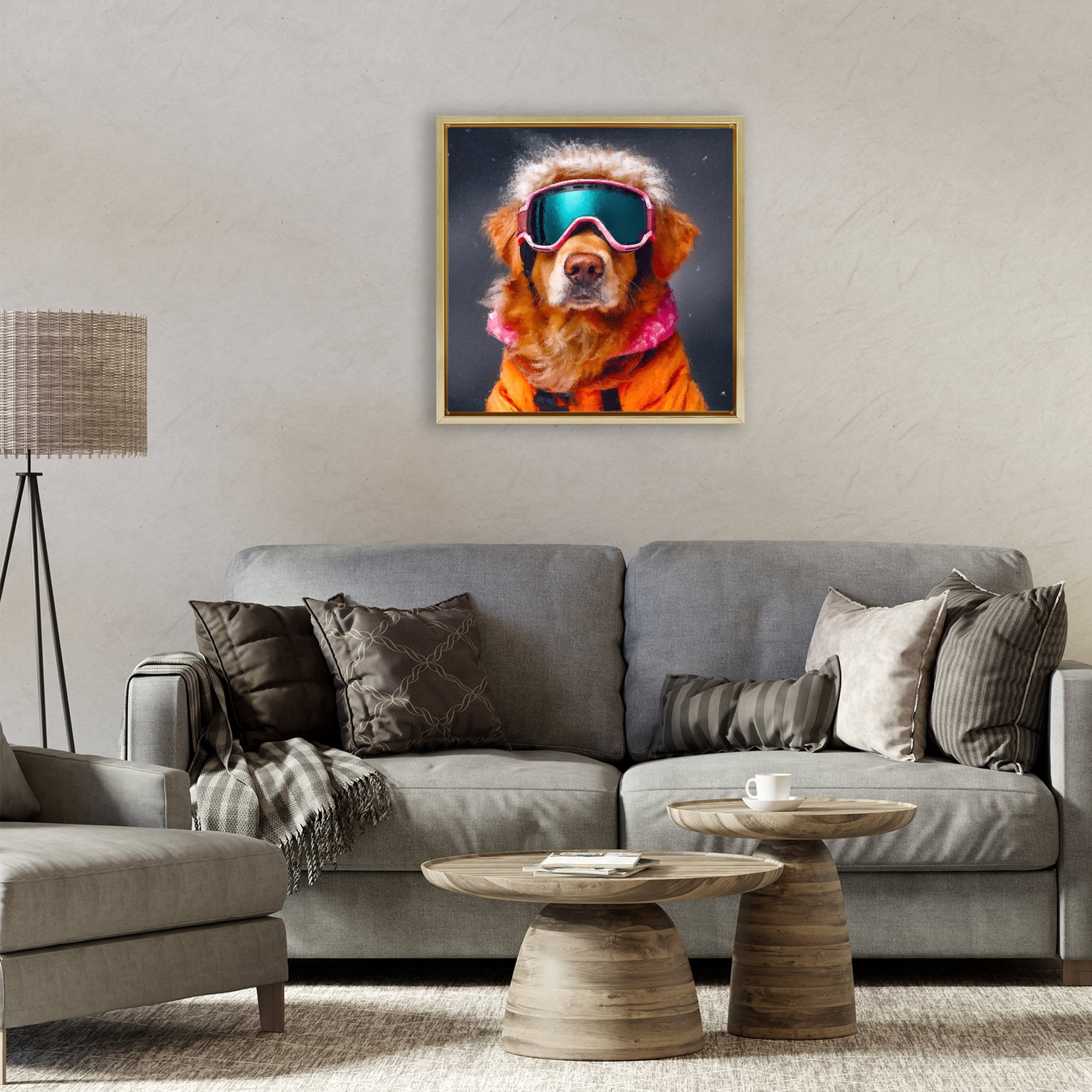 Ski Dog with Goggles Gold Framed Floater Canvas Wall Art, design by Sean Parnell
