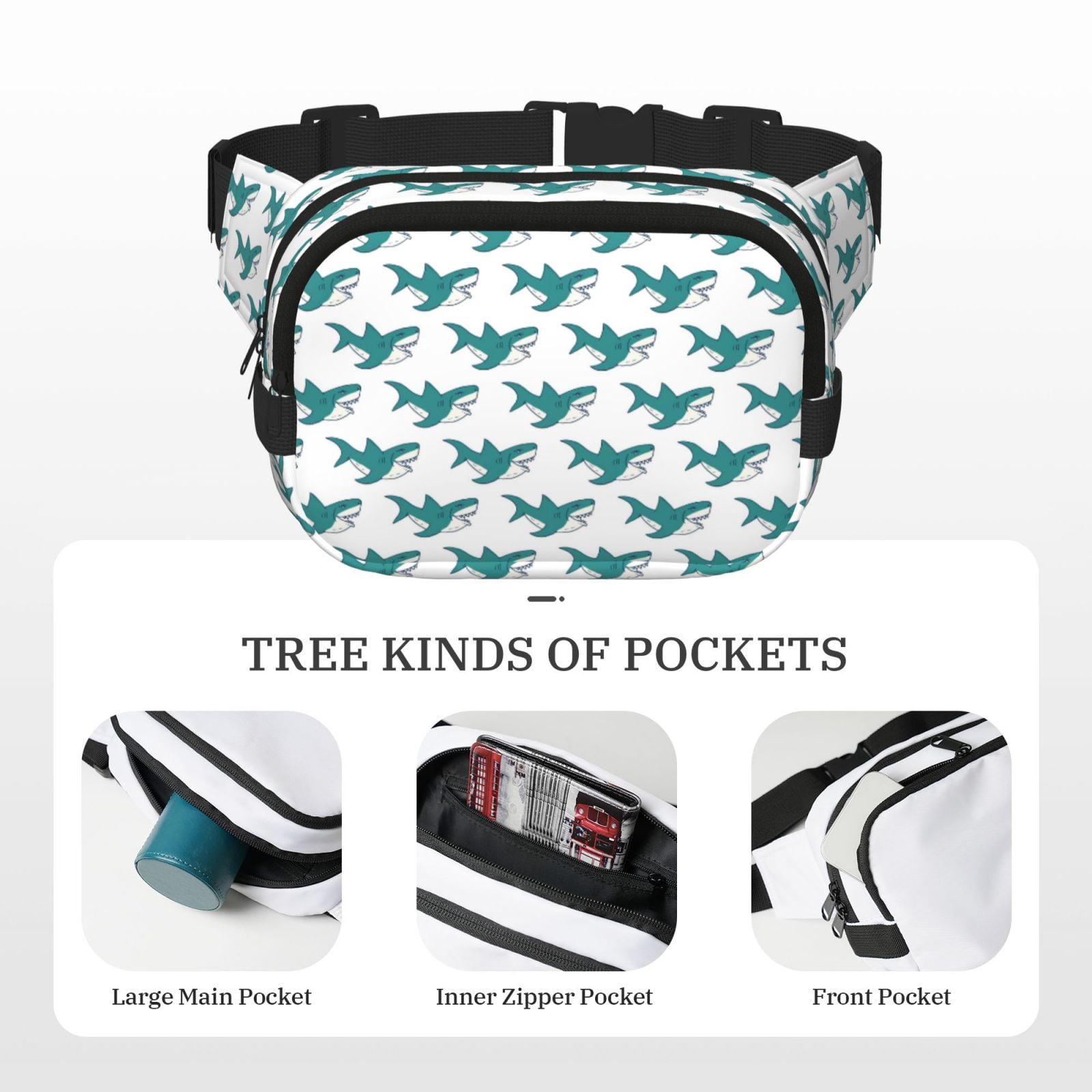 Fuzoiu Cartoon Shark Print Unisex Square Double Layer Waist Bag,Crossbody Fanny Pack Travel Workout Accessory