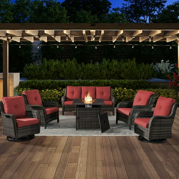 POCASSY 6 Pieces Wicker Patio Furniture Set with Propane Fire Pit Table, All Weather Wicker Patio Set with Square Fire Pit Table and Swivel Patio Chair, Gray Wicker Red Cushion
