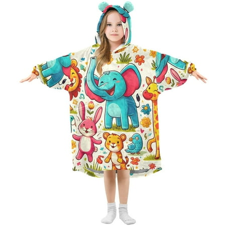 

joogoo Wearable Blanket Hoodie for Kids Elephant Giraffe Tiger Animal Flannel Oversized Sweatshirt 3-14 Years L