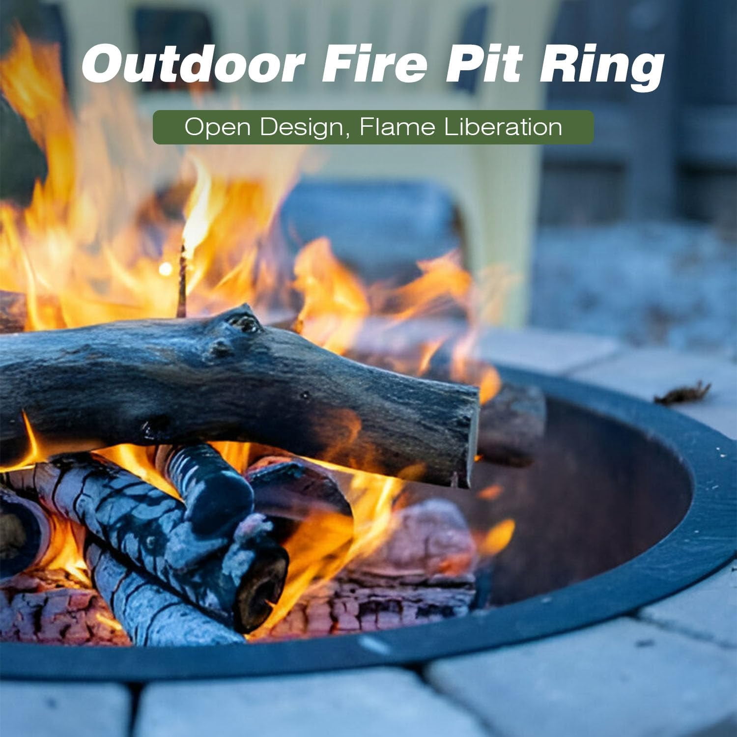 Round Metal Fire Pit Ring for DIY Campfire Wood Burning Insert Fire Pit Liner Heavy Duty Firepit Rim with Collar Support Bonfire Outdoor Camping Cooking Patio Backyard, Black 32"