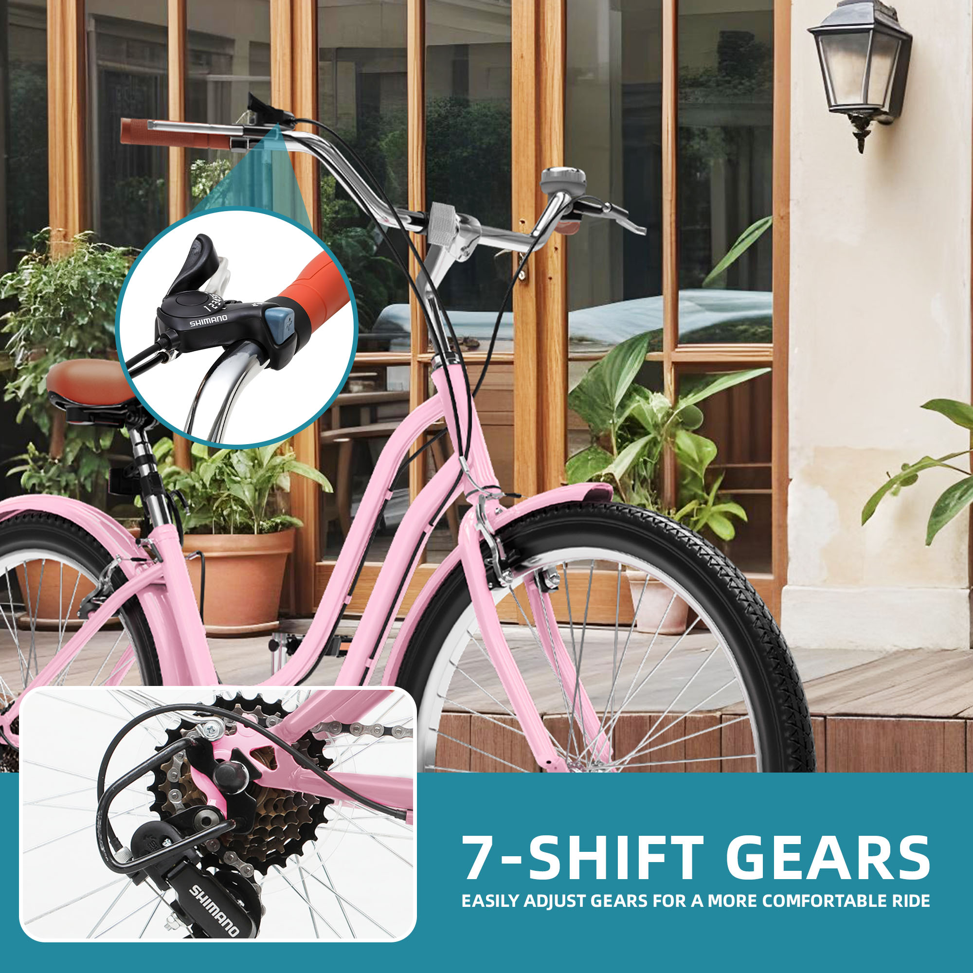 Uforic 24 Inch Beach Cruiser Bike, 7 Speed Commute Bike, Step-Through Bicycle for Adult Women & Men, Steel Frame Cruiser Bike, Pink