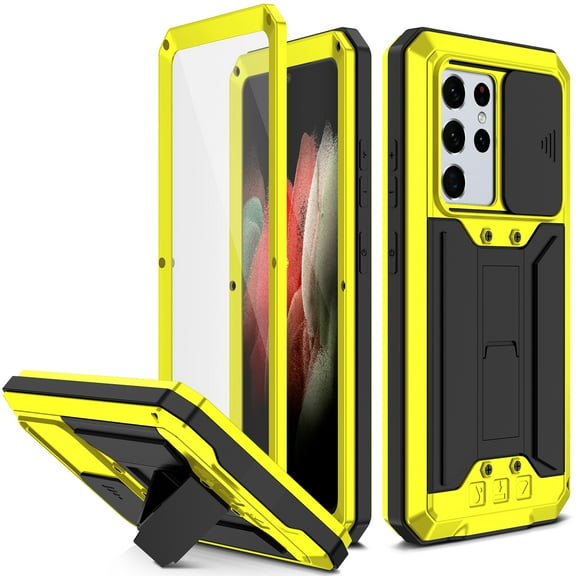 Allytech Rugged Case for Samsung Galaxy S21 Ultra with Screen Protector & Camera Lens Sliding Cover, Anti-Drop Dustproof Hidden Kickstand Heavy Duty Triple-Layer Protection Shell, Yellow