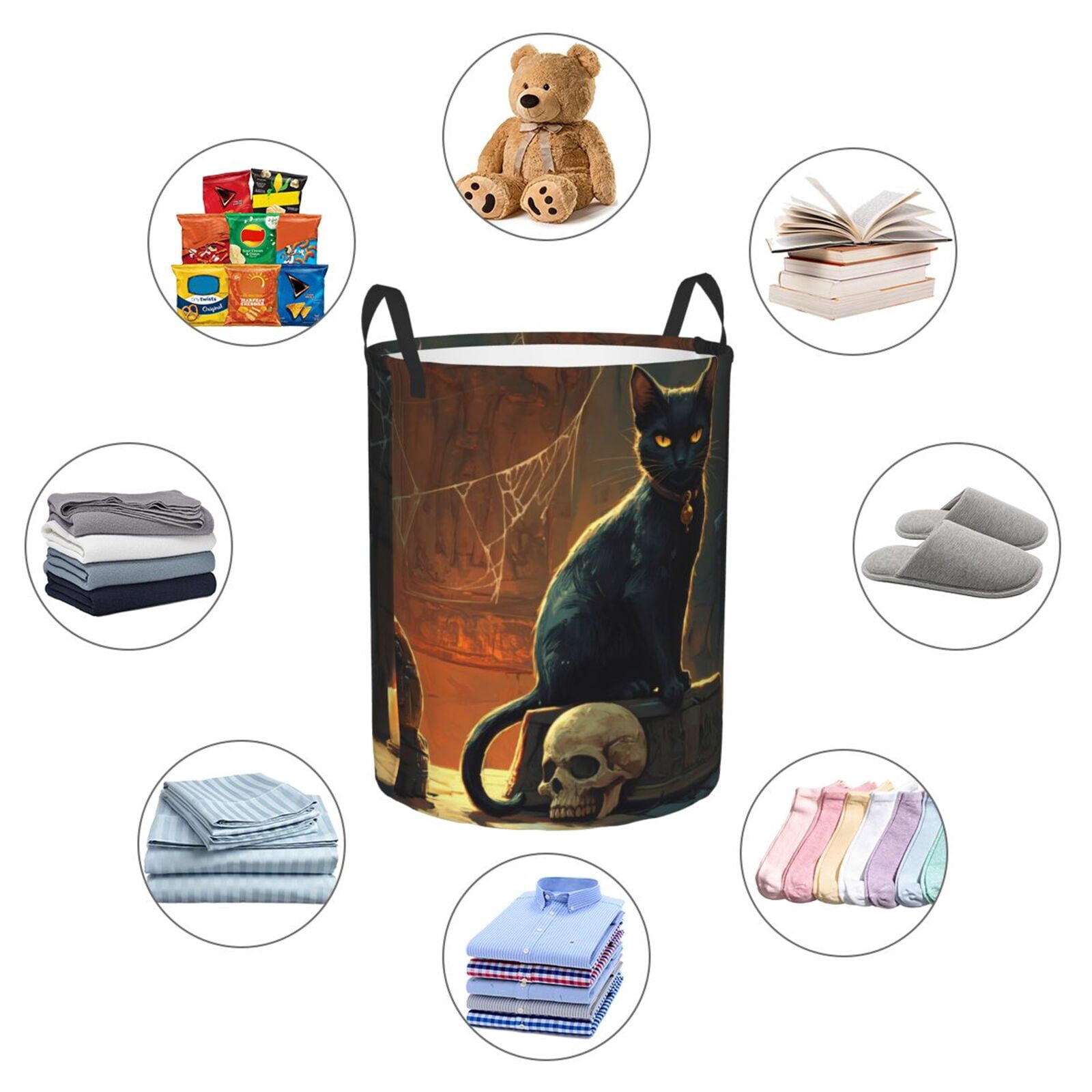 Large Laundry Basket with Handles - Halloween Skull Black Cat Vintage Kids Baby Dirty Clothes Laundry Hamper for Bedroom Aesthetic