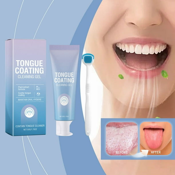 Gel lingual con raspador de lengua, kit de gel limpiador lingual, fácil de usar, blanco, para eliminar la lengua vellosa, gel limpiador lingual con cepillo limpiador, gel para uñas