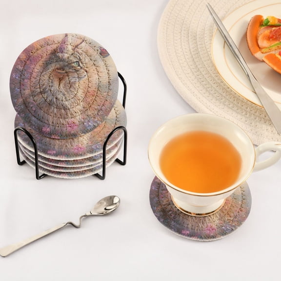 BZSMCE 6Pcs Drink Coasters With Holder 3.94Inch Cat in A Flower Field Creative Coil Coaster Coasters Colors Absorbent Coasters for Drinks Coasters Set Thicken Heat for Home Table