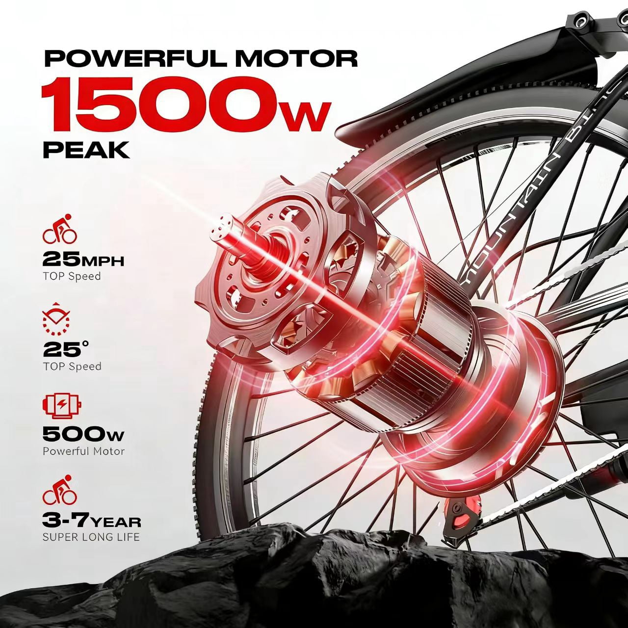 Electric Bike for Adults, 1500W Peak Mountain Ebike with 25 MPH, 65 Miles Range, 7 Speeds, 48V 10Ah Removable Battery 26" Ebike for Commute