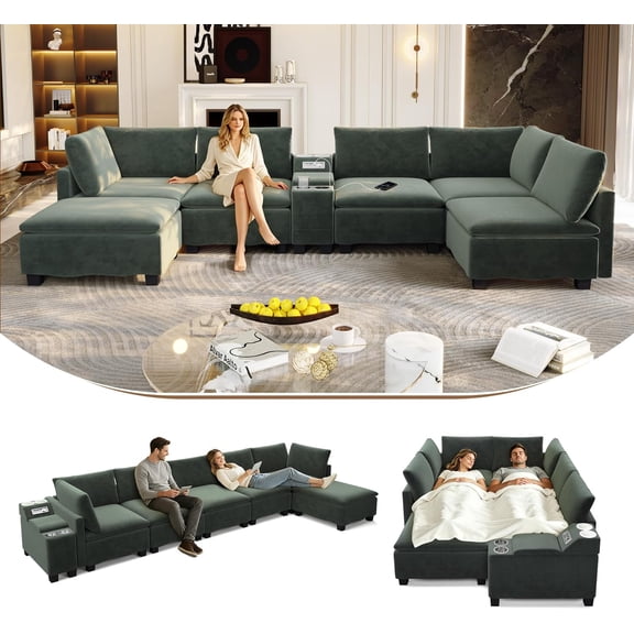 121.2" Modular Sectional Sofa, 6 Seat U Shaped Comfy Couches for Living Room and Apartment, Chenille Large Cloud Couch Set with Bluetooth Speaker, Storage, USB, Cup Holders and Ottoman, Green