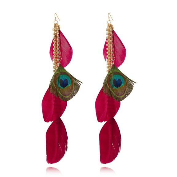 Bocar Feather Earrings for Women Boho Drop Earrings Pheasant Peacock Long Feathers Statement Earrings Bohemian Handmade Natural Lightweight Feather Dangle Earrings for Women (ER1228-Red-1)
