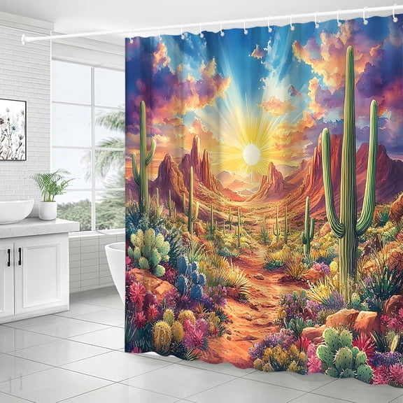 Boho Western Shower Curtain Southwestern Mountain Cactus Floral Tropical Plant Desert Sunset Sunrise American Country Landscape Bathroom Decor Fabric Curtain with Hooks-72"W x 96"L (Pack of 1)