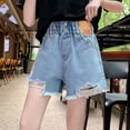 thumbnail image 2 of Wxirdiow Girls Casual Shorts Girl's Ripped Raw Hem Denim Shorts Toddler Girls High Waist Straight Leg Summer Jorts Y2k Stretch Streetwear Clothes Light Blue Size,7-8 Years, 2 of 4