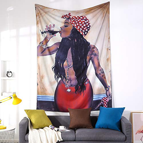 NHOMY 80X 60African American Black Girl Colourful Print Wall Hanging Tapestries Indian Polyester Picnic Afro Wall Art Decor Hippie Tapestry Blue, 80X 60