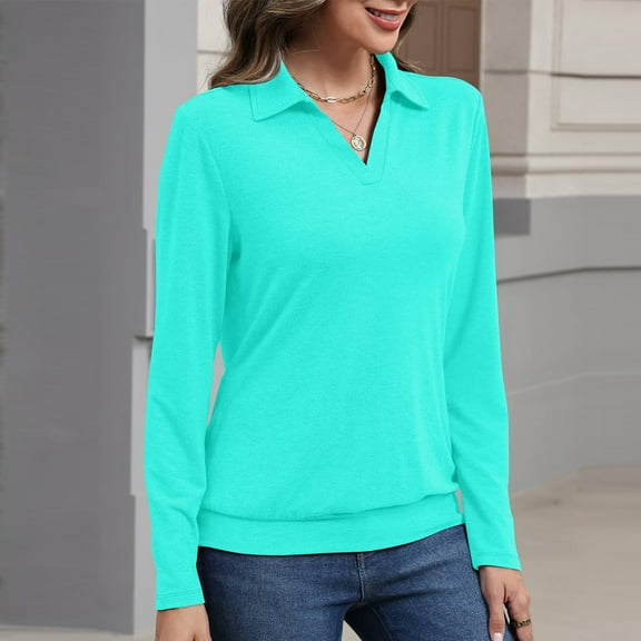 Womens Cotton Long Sleeve Polo Shirts Business Casual V Neck Collared Tops Loose Fit Work Blouses Fall Outfits 2025 Cyan 2XL