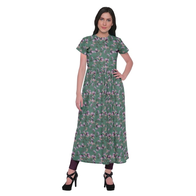 Moomaya Printed Short Sleeve Front Slit Tunic Dresses For Women Indian Clothing