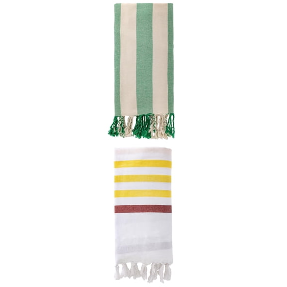 Unique Bargains 2 Pack Oversized Turkish Striped Print Fringe Towels Brown/Green 71"x40"