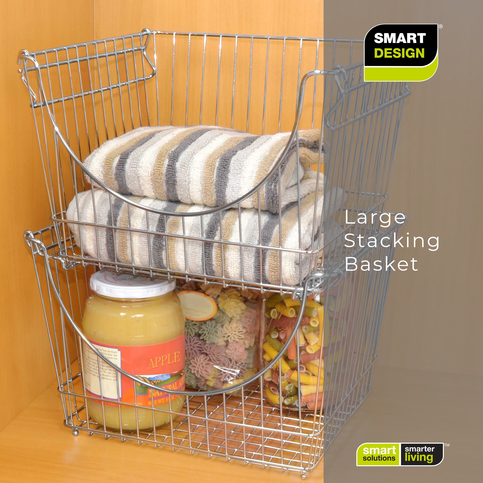 Smart Design Stacking Baskets with Handles - Set of 2 - Large  - 12.5 x 8.5 Inch - Chrome
