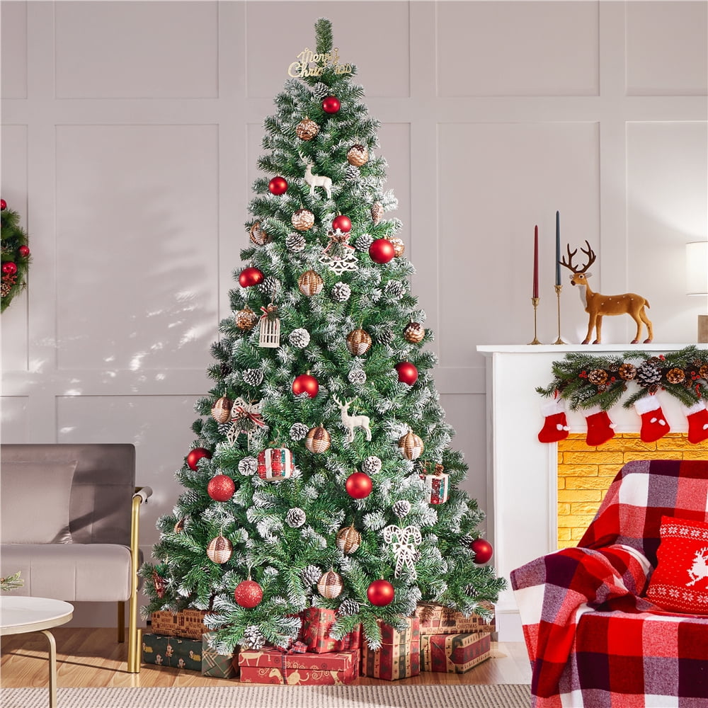 Alden Design 7.5ft Pre Decorated Frosted Artificial Christmas Tree with Stand, Green
