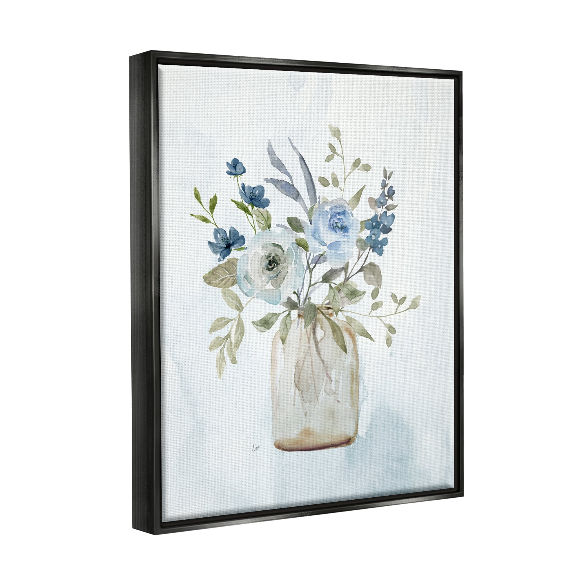 Stupell Industries Blue Bouquet in Jar Botanical & Floral Painting Black Floater Framed Canvas Art Print Wall Art, 25 x 31