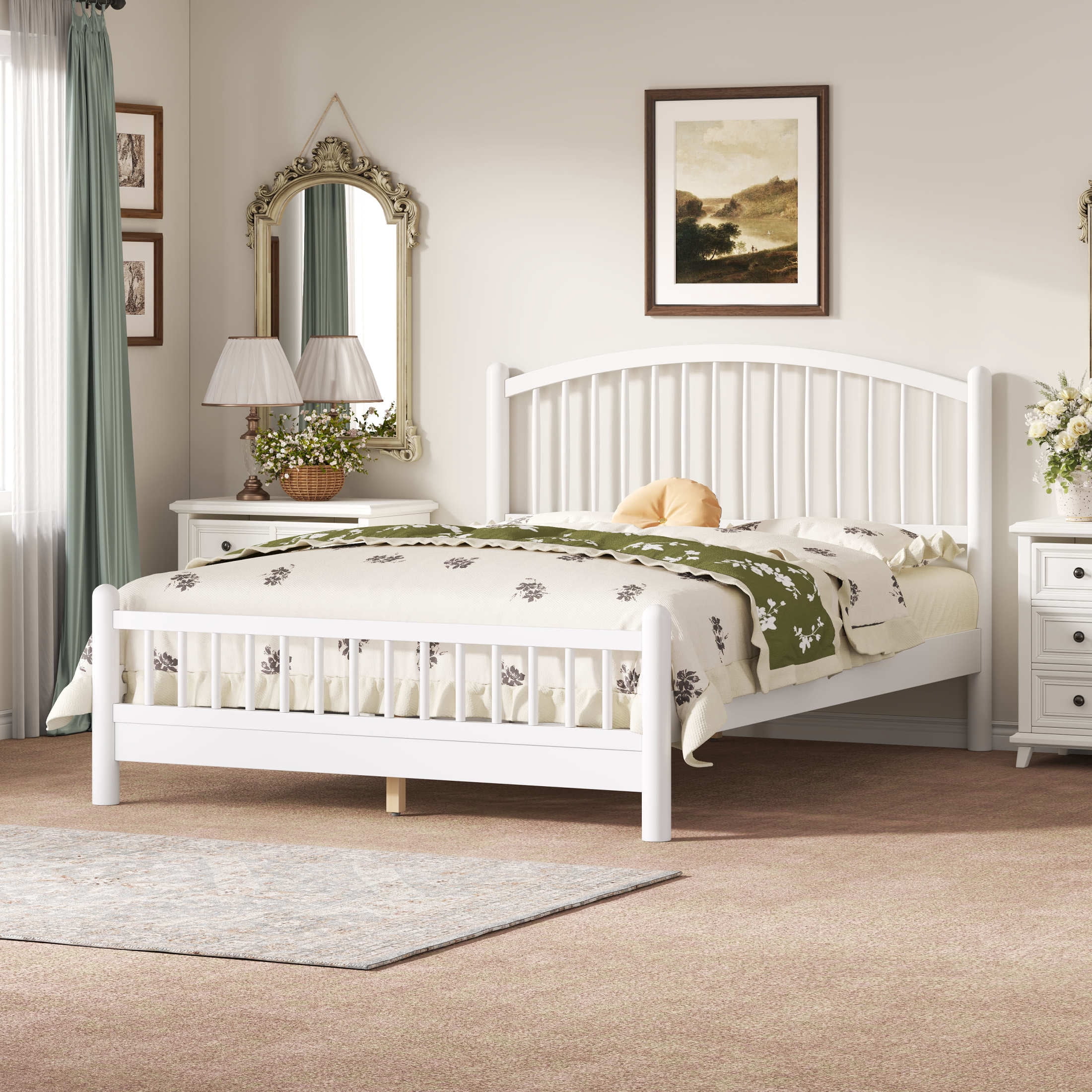 Noble House Alaric Queen Wood Platform Bed Frame, Arched Spindle Headboard, Noise-Free Foundation, White