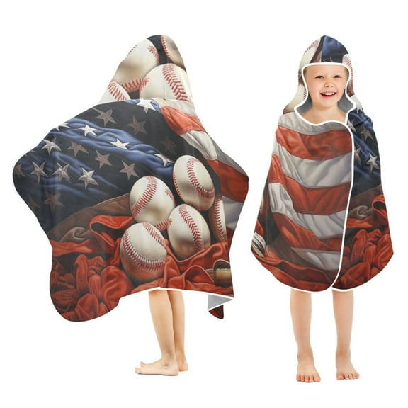 American Flag and Baseball Toddler Hooded Beach Towel 24" x 50" Kids Bath Towels Soft Quick Dry for Swim Pool Boys Girls