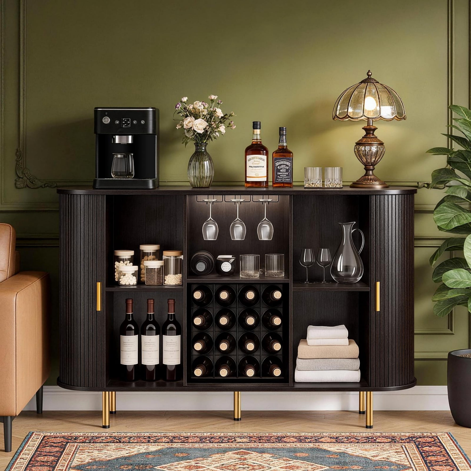 55" Wine Bar Cabinet with Storage, Fluted Coffee Bar Cabinet with Wine Rack & Glass Holder, LED Buffet Sideboard, Walnut