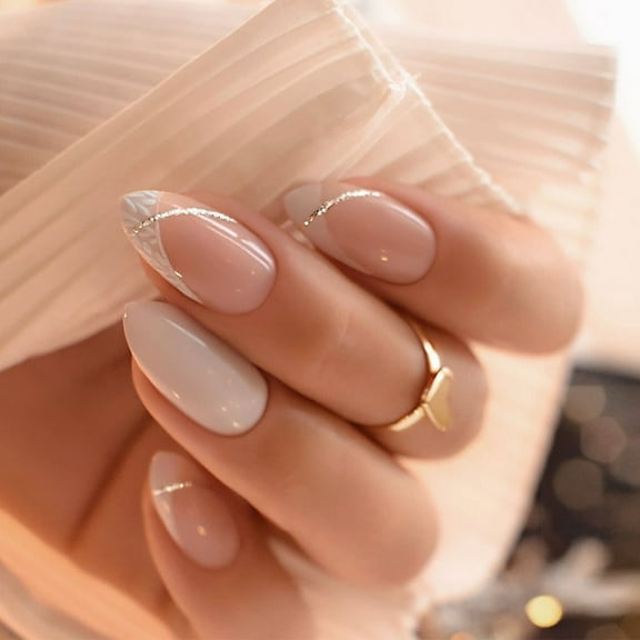 24 Pieces Press On Nails With Glitters Stripe Designs on Nails French Tip Artificial Nails For Fashionable Women