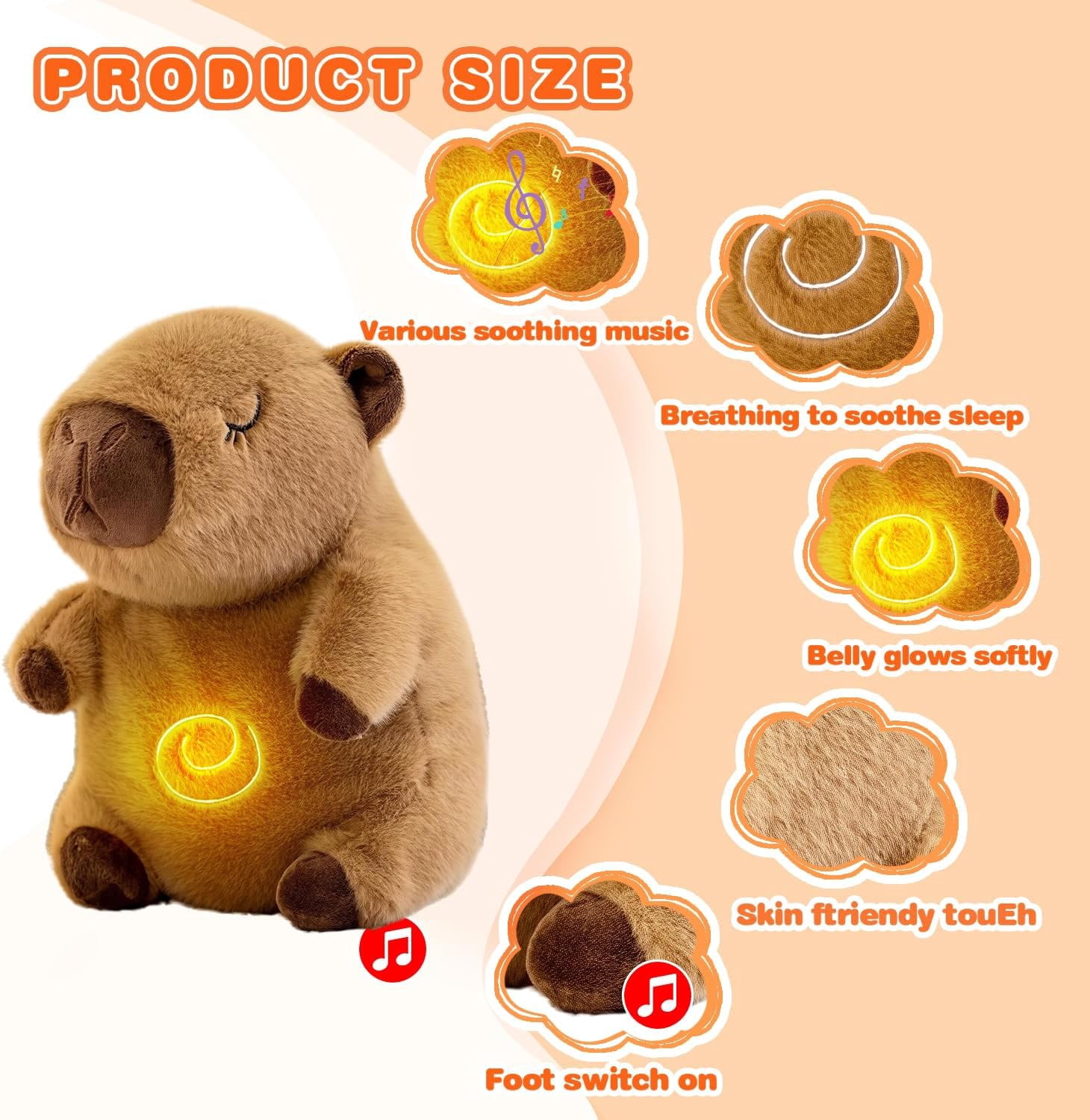 (2 pack) YSZZYSM Capybara Breathing Stuffed Animal, Anxiety Relief, Soothing Music Lights, Portable, Uses Three AAA Batteries (Batteries to Be Provided by The User)