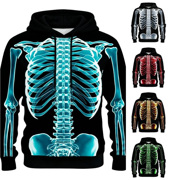 RUTAYY Men's Hoodie Long Sleeve Halloween Glowing Skeleton Ribcage Graphic Streetwear Sweatshirt Blue