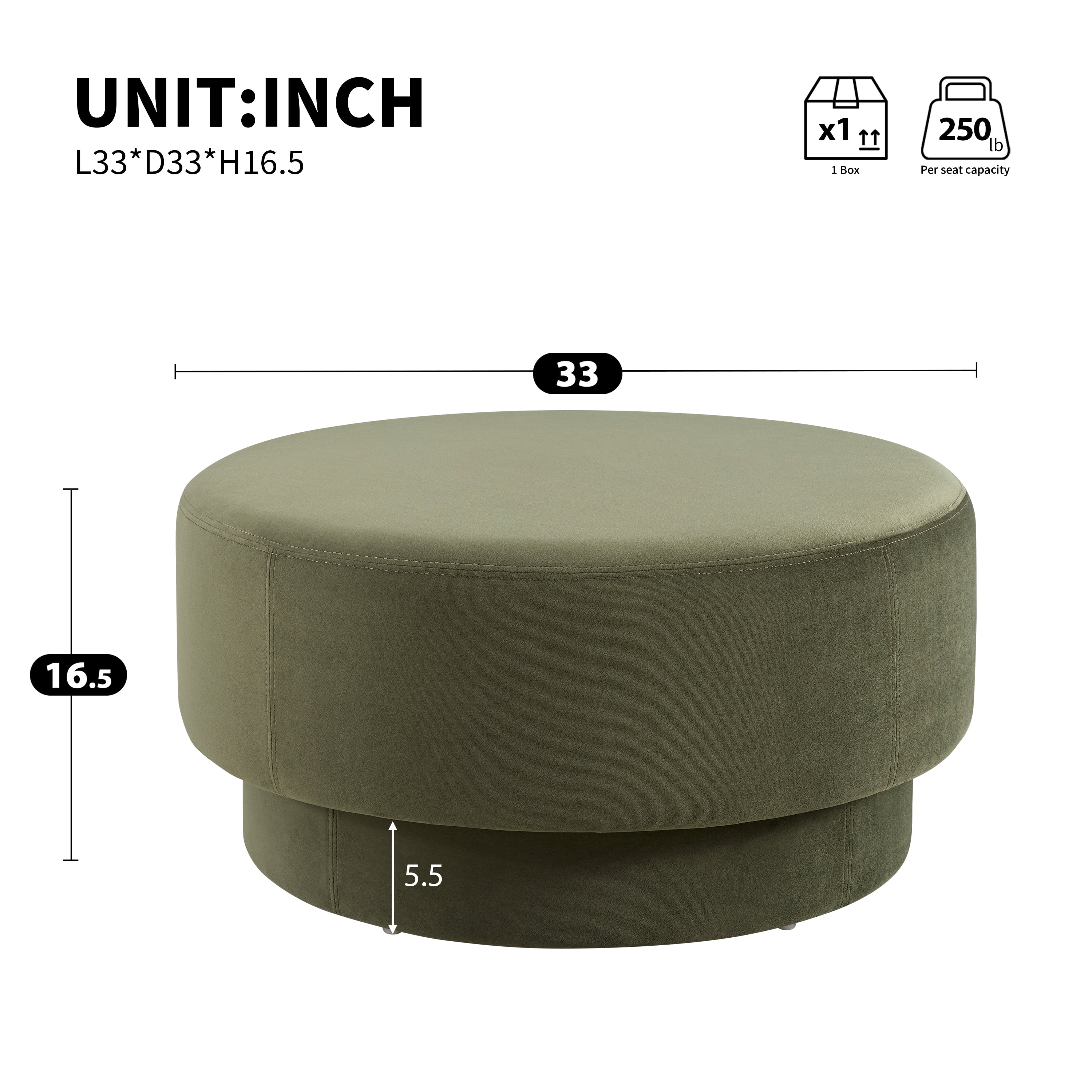 GARITIN Round Ottoman 33 Inch, Modern Double Deck Upholstered Footrest with Velvet Cover for Living Room, Green