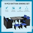 thumbnail image 4 of Outsunny 9 Pieces Wicker Patio Dining Set Outdoor Furniture Set with Removable Cushions, Glass Top Dining Table, Ottomans, PE Rattan Conversation Set for Garden Poolside, Blue, 4 of 10