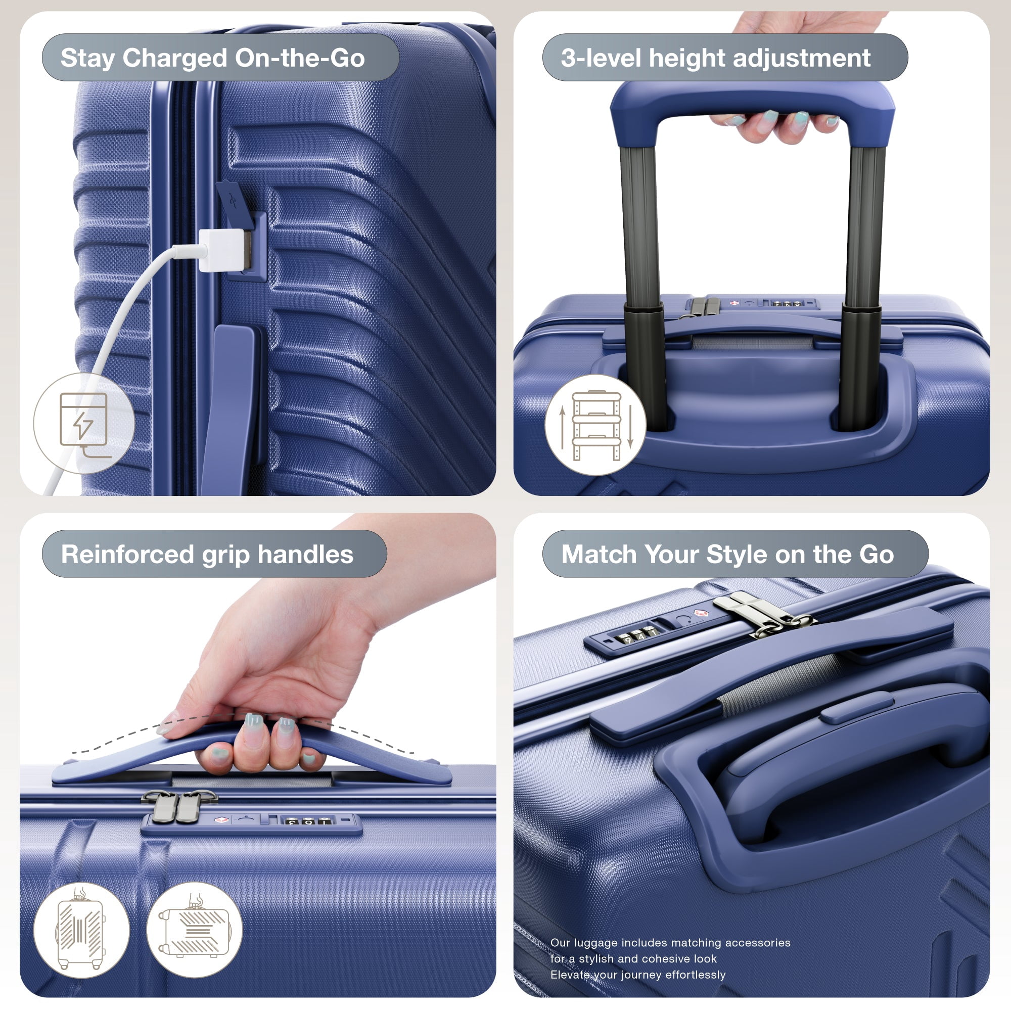 Alpha Joy Hard-shell ABS+PC Rolling Luggage 20" Carry-on Luggage with USB Port, Navy