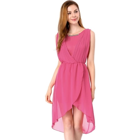Topaz Neck - Unique Bargains Women's Round Neck Sleeveless Fake Diamond Chain Decor Knee-Length Dress