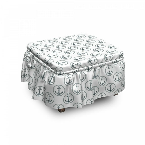 Anchor Ottoman Cover, Floral Art Marine Rope, 2 Piece Slipcover Set with Ruffle Skirt for Square Round Cube Footstool Decorative Home Accent, Standard Size, Black White, by Ambesonne