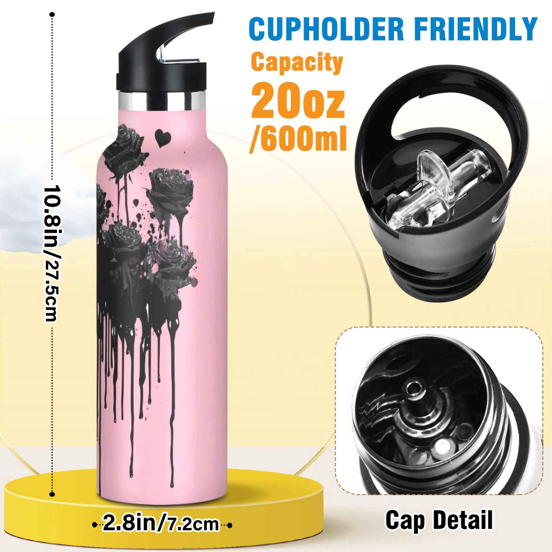 Kids Insulated Stainless Steel Sports Water Bottle 600ml (20oz) Black Roses
