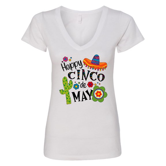 Inktastic Happy Cinco De Mayo Sombrero, Cactus, Flowers Women's V-Neck T-Shirt