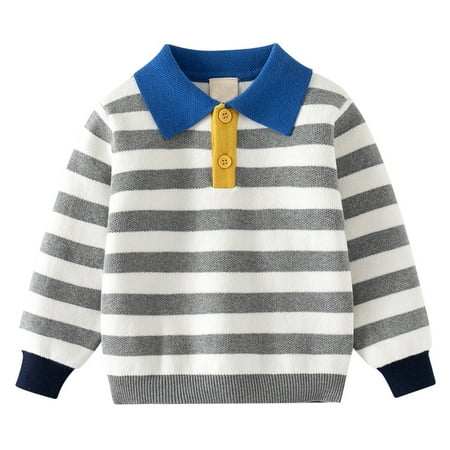 

Baby Girl Boy Knit Sweater Fall Winter Lapel Neck Striped Color Block Pullover Baby Sweater Cute Warm Children s Outerwear Z2-Grey 4-5 Years