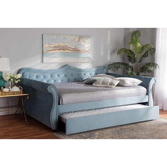 Baxton Studio Abbie Traditional and Transitional Light Blue Velvet Fabric Upholstered and Crystal Tufted Full Size Daybed with Trundle