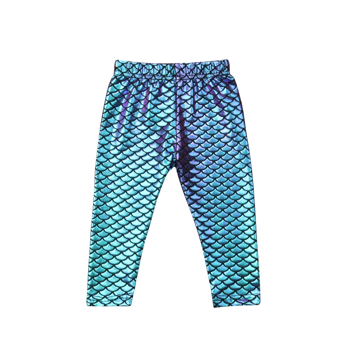 Kids Girls Mermaid Fish Scale Print Slim Fit Shiny Disco Metallic Leggings Pants 