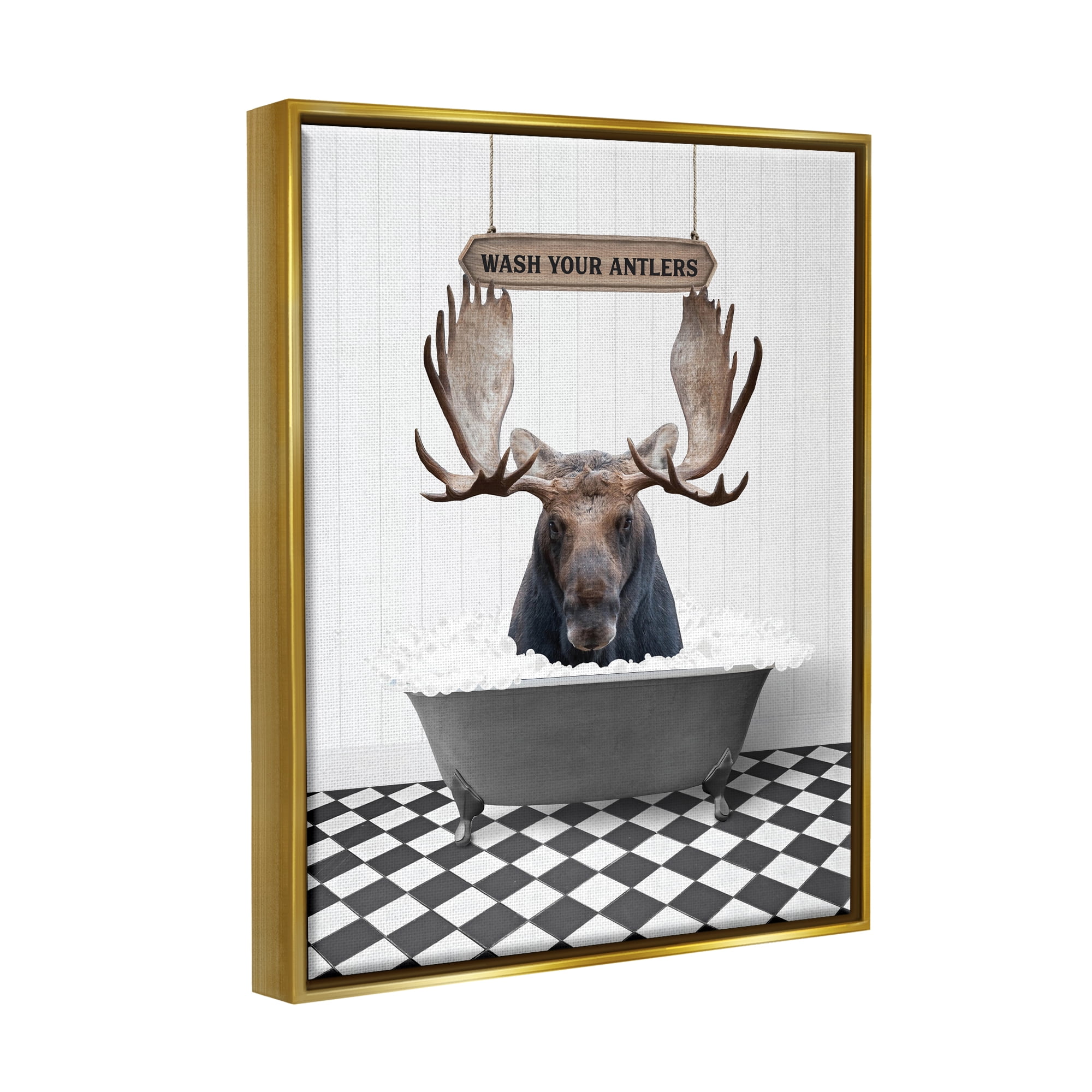 Stupell Industries Wash Your Antlers Moose Animals & Insects Painting Gold Floater Framed Art Print Wall Art, 25 x 31