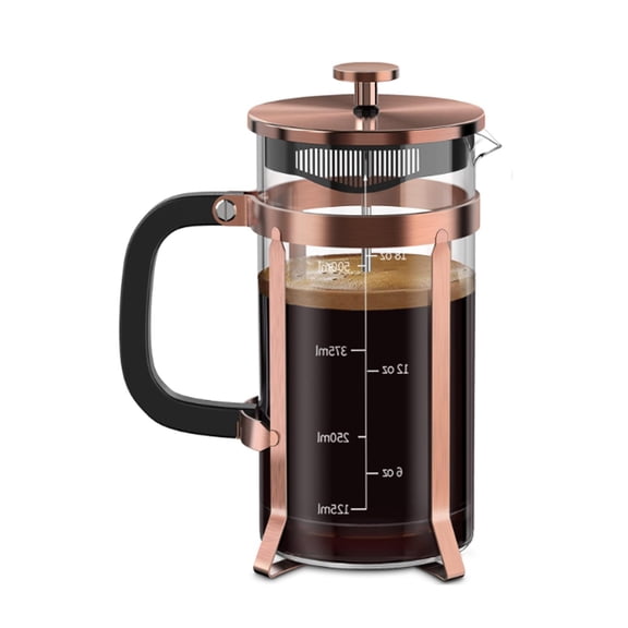 French Press Coffee Maker, 21oz Borosilicate Glass with 4-Layer Filter System, Thickened Steel Plunger for Rich Flavor, Perfect for Home, Kitchen, Camping, Gift, Brown.