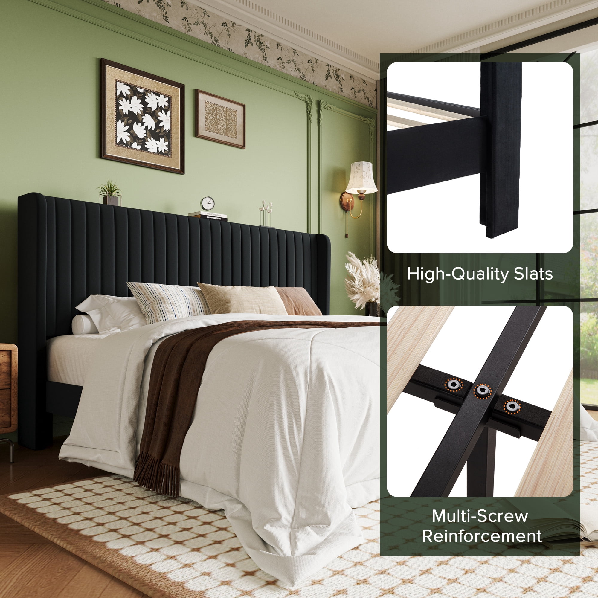 Einfach King Bed Frame, Upholstered Platform Bed with Wingback Headboard, No Box Spring Required, Black
