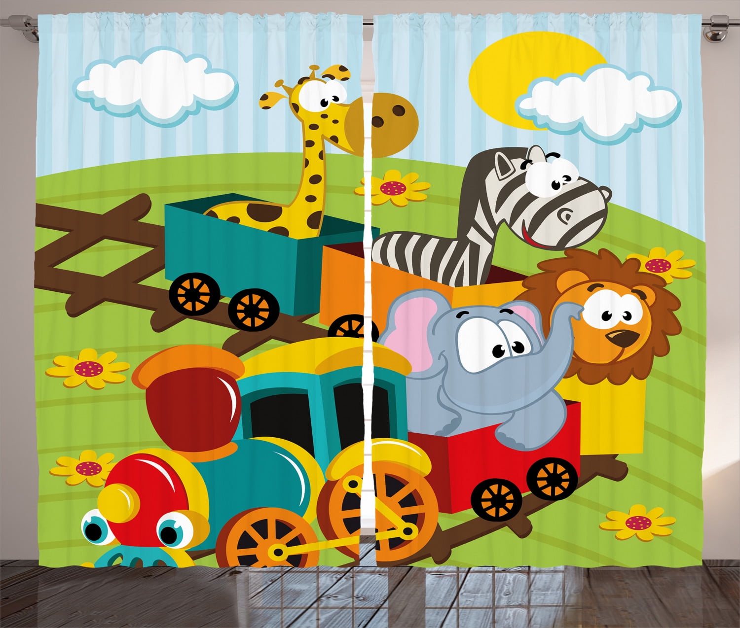 Kids Decor Curtains 2 Panels Set Cartoon Baby Safari Wild Animals