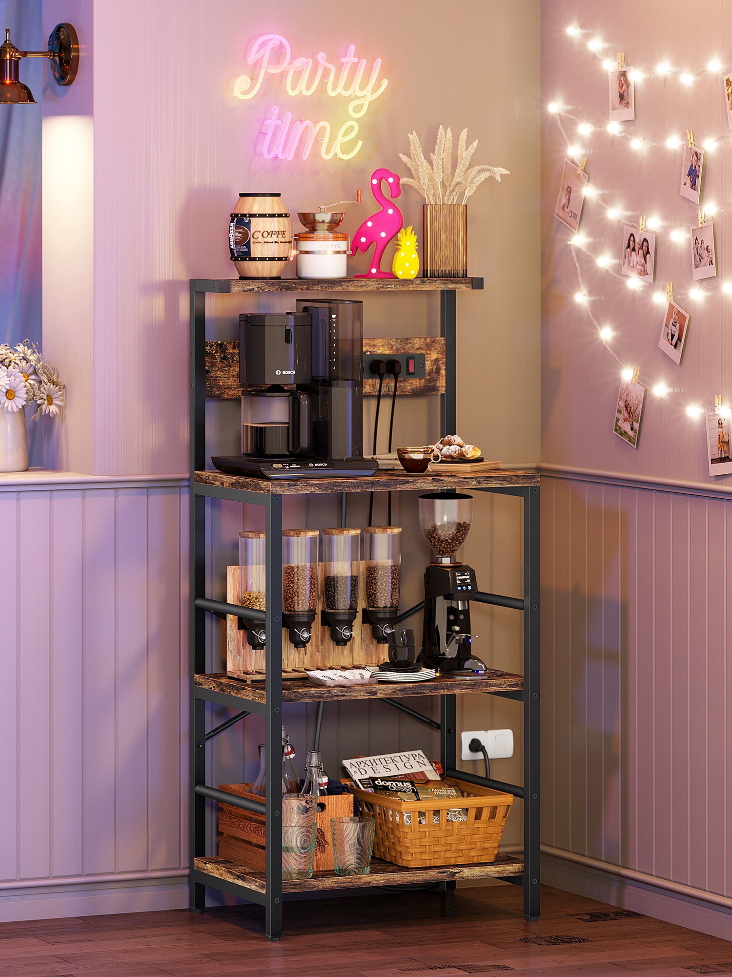 Kitchen Baker's Rack, 4-Tier Coffee Station with Power Outlets, Bug Hull Industrial Microwave Stand, Kitchen Storage Shelf, Coffee Bar Station, Rustic Brown