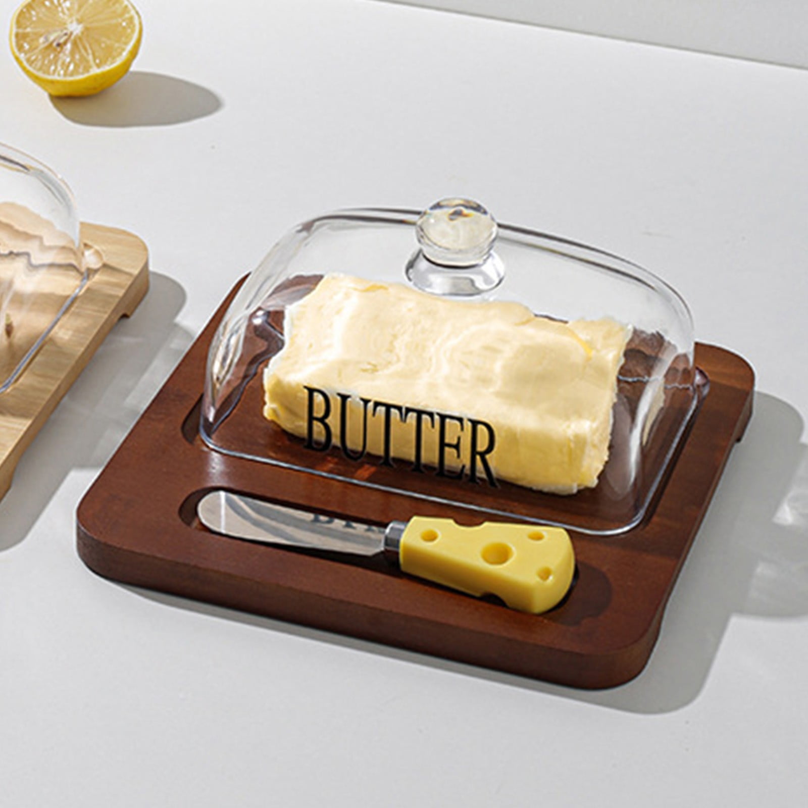 HAN SHENG Ceramic Butter Dish With Bamboo Tray - Countertop Butter Keeper With Lid, Inner 5.51"L X 3.94"W