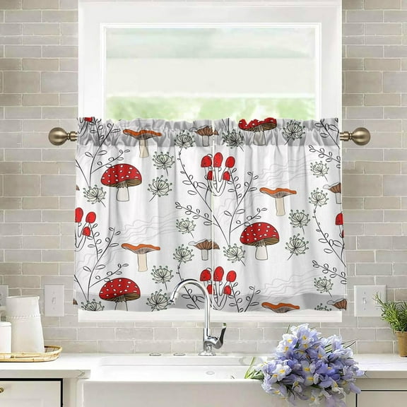 FREEAMG Mushrooms Half Window Tier Curtains 24 Inch Blackout Thermal Insulating Kitchen Linen Tier Curtains for Kitchen,Bathroom,Cafe