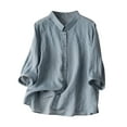 thumbnail image 3 of DDAPJ pyju Womens Vintage Floral Embroidery Blouse Long Sleeve Cotton Linen Button Down Shirts Dressy Casual 3/4 Sleeve Collared Blouses Tops on Clearance Blue L, 3 of 7
